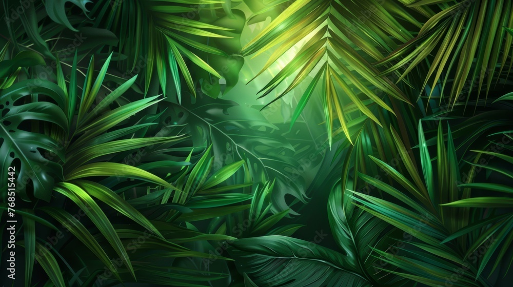 Background of lush green palm leaves with a subtle light shining through, symbolizing faith and new beginnings Background of lush green palm leaves with a subtle light shining through, symbolizing faith and new beginnings