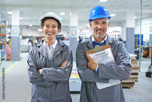 Portrait, people or paper in hard hat, logistics or product delivery in warehouse building. Mature man, happy woman or clipboard in document, stock or shipping administration as supply chain project photo