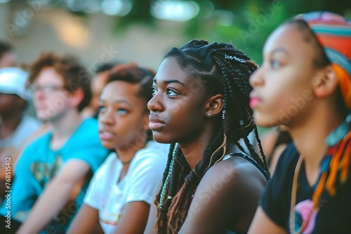 A diverse group of young people sit outdoors listening attentively to a speaker at a presentation. Concept Outdoor Photoshoot, Diverse Group, Listening, Presentation, Engaged Crowd