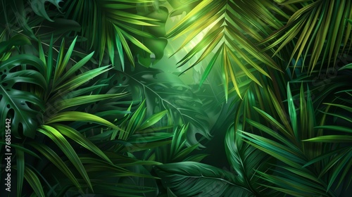 Background of lush green palm leaves with a subtle light shining through  symbolizing faith and new beginnings