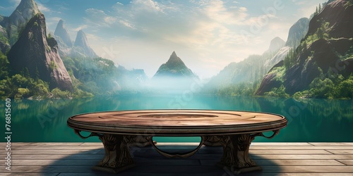 With a backdrop of a tranquil lake and towering mountains, an empty wooden tabletop creates a serene space for viewers to connect with the awe-inspiring beauty of nature. © Murda