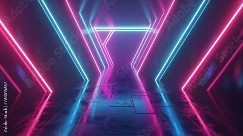A vibrant corridor illuminated by pink and blue neon lights, reflecting on a wet floor.