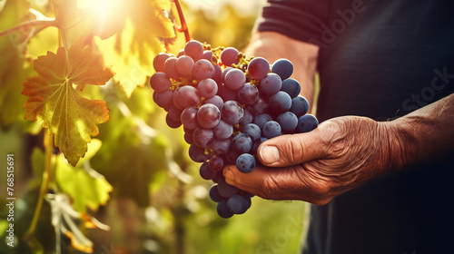 Hand Harvesting Lush Bunches of Grapes in Vineyard at Sunset, Winemaking Tradition, Sunlit Agricultural Harvest, Viticulture and Enology Concept photo