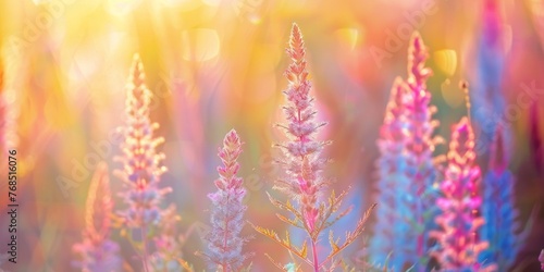 Backlit wildflowers bloom with radiant colors against a soft  sunlit background  creating a dreamy atmosphere.