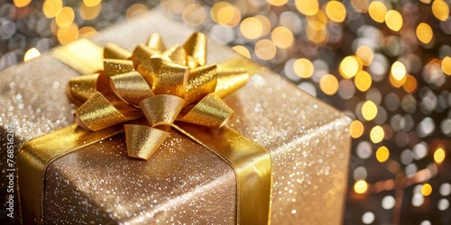 Close-up of a sparkling golden gift box with a luxurious bow, set against a bokeh light background.