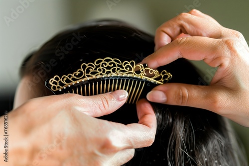 woman combing hair with a decorative comb