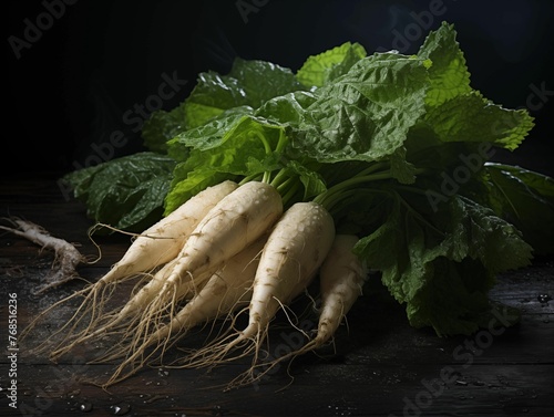 Fresh Washed Horseradish on a Black Table Background. Generative AI photo
