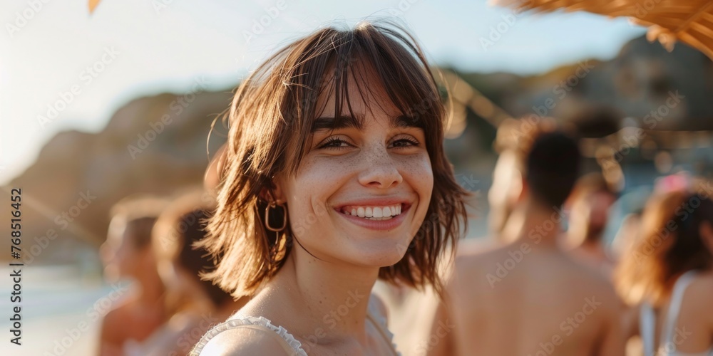 Joyful young woman smiling at a beach party during a beautiful sunset, with blurred people in the background.