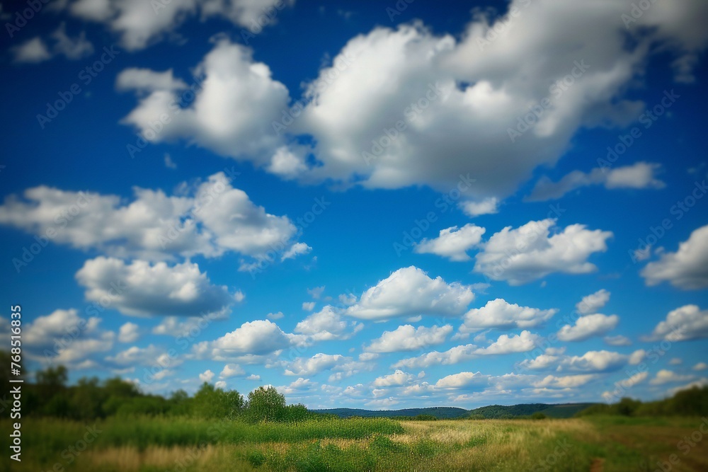 Beautiful summer landscape with green field and blue sky with white clouds