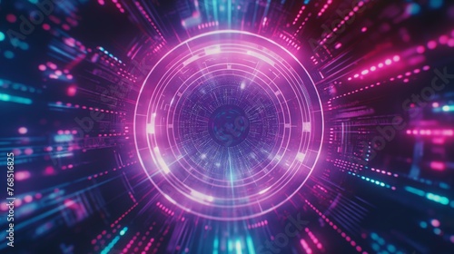 Abstract digital tunnel with glowing neon lights, representing cyberspace or virtual reality journey.