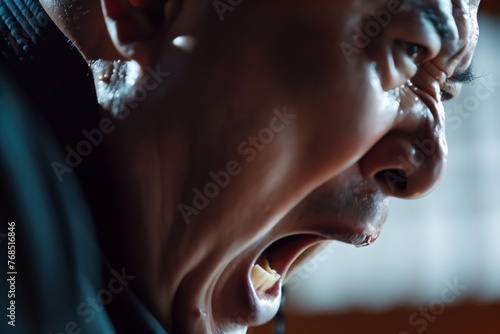 closeup of kung fu masters face while executing a powerful yell during kata photo