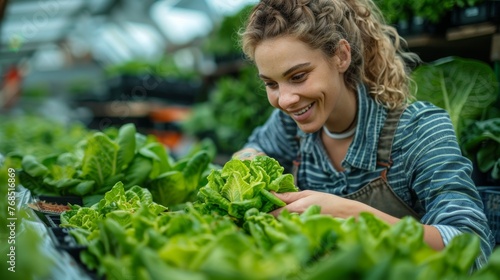 Joyful young female farmer tenderly examining fresh lettuce in a greenhouse, illustrating the concept of sustainable agriculture and organic farming.