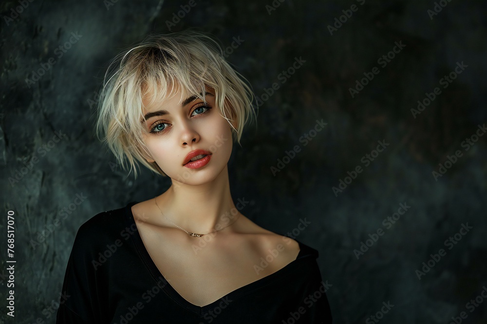 Portrait of a beautiful young woman with short blonde hair posing at studio