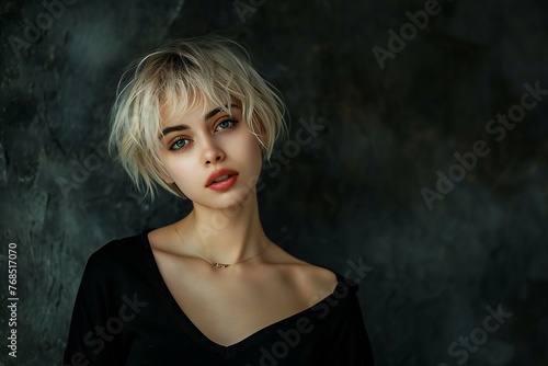 Portrait of a beautiful young woman with short blonde hair posing at studio