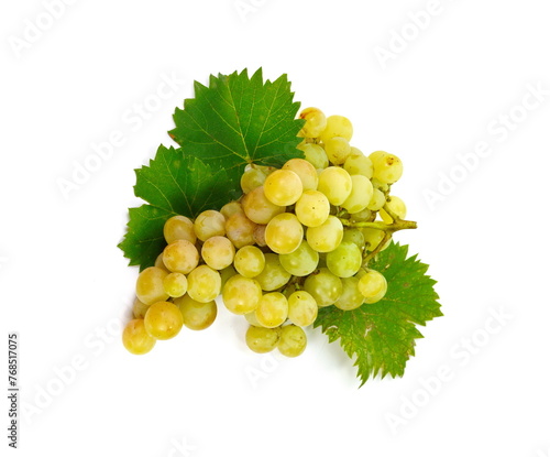 Ripe green grapes with leaves. Isolated on white