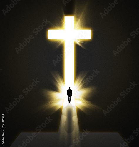 Faith, fantasy and man with light for cross to walk or journey for spirituality, religion and entrance to heaven. Male person, walking and silhouette with black background for mockup, shadow and glow