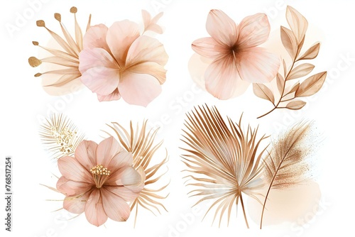 Set of tropical flowers and leaves isolated on white background