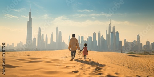 A Middle Eastern father and his son trek across the vast expanse of the desert, their figures silhouetted against the golden sands. photo