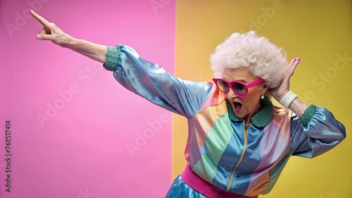 Funny grandmother portraits. 80s style outfit. Dab dance on colored backgrounds. Concept about seniority and old people photo