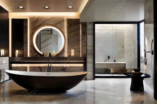 a spa-inspired bathroom with a freestanding soaking tub  a steam shower  and a wall-mounted fireplace  surrounded by marble and adorned with luxurious bath amenities.  