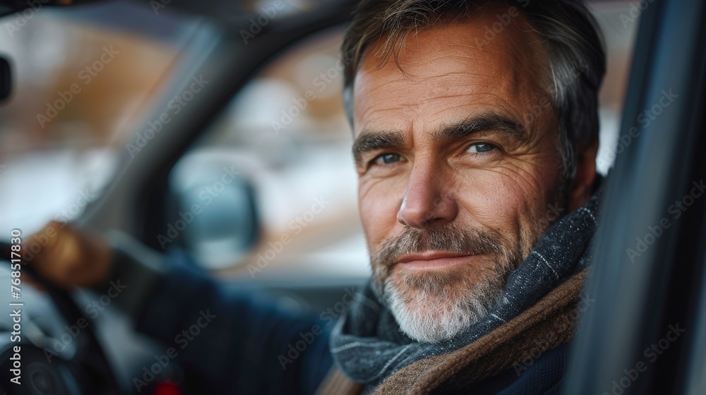 Winter day driving: Man in warm clothing behind the wheel of a car