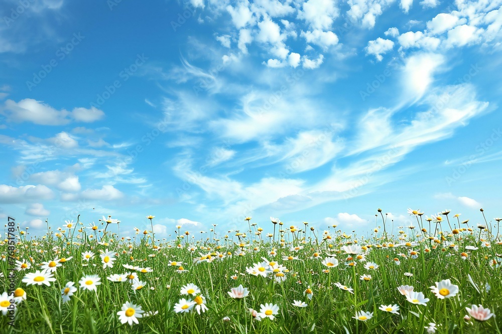 Field of daisies and blue sky with clouds, nature background