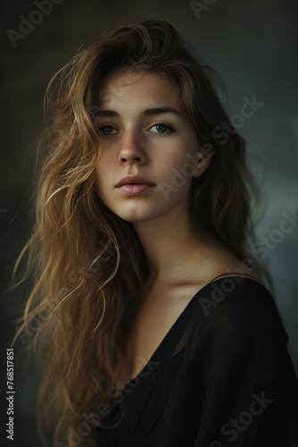 Portrait of a beautiful young girl with long hair in a black dress