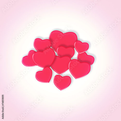 Illustration, symbol and collection of hearts for love or devotion, care and pink background. Shape, romance and icons for valentines day celebration, abstract art and support for peace and kindness