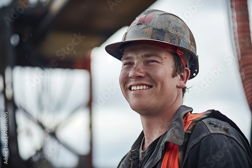 halfportrait of smiling worker, overcast sky and blurry platform