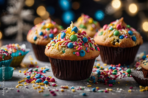 Capture the excitement of a festive celebration with a close-up shot of muffins adorned with colorful sprinkles, icing, and toppings. 