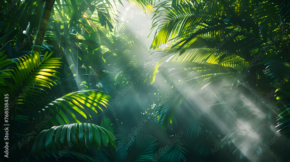 A dense cluster of tropical leaves with sunlight filtering through, in a vibrant forest.