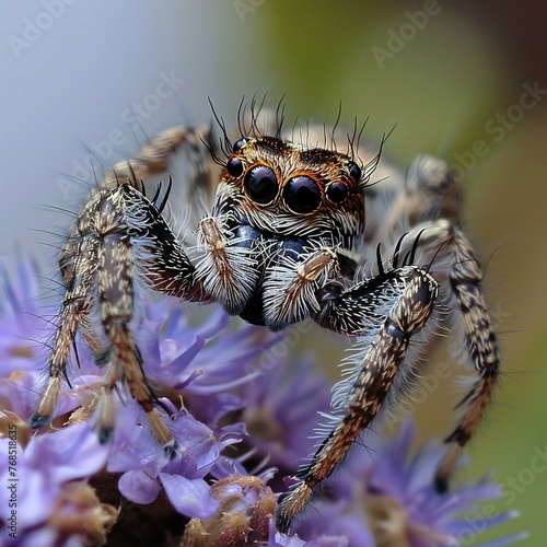 Jumping spider close up on purple flower in nature, macro photo