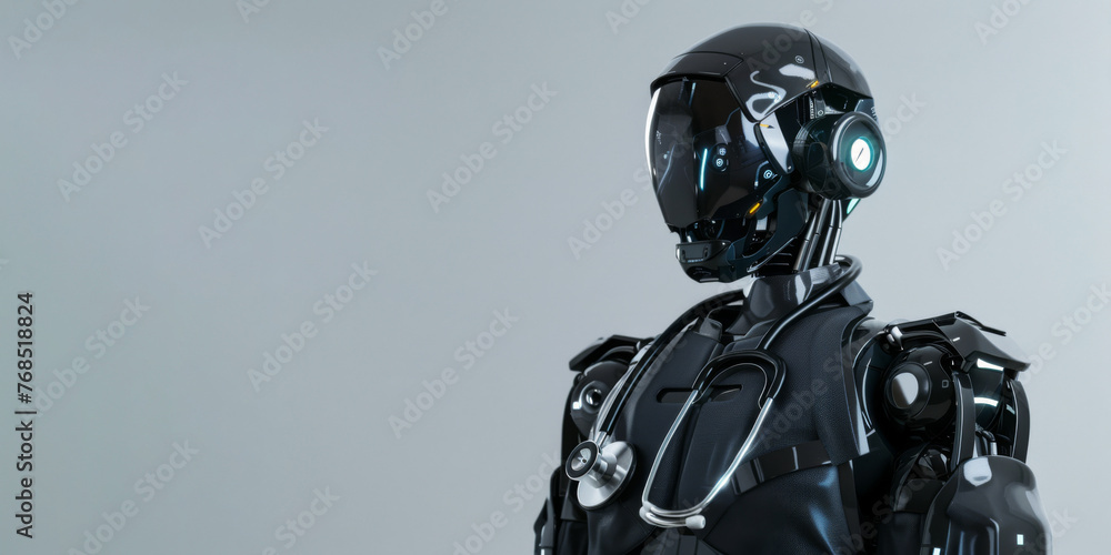 Black humanoid robot doctor with stethoscope on gray background with space for text. Concept of diagnosis by artificial intelligence. Black humanoid robot doctor with stethoscope on gray background with space for text. Concept of diagnosis by artificial intelligence.