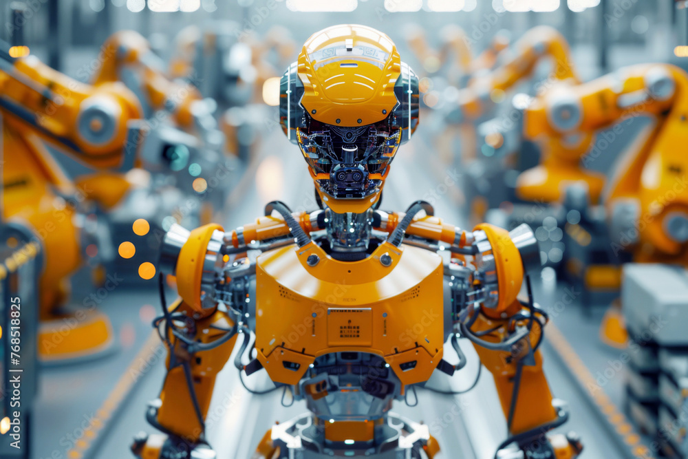 Robot stands in a factory with other robots. Robot is orange in color and has a metallic look. The scene is industrial and futuristic.