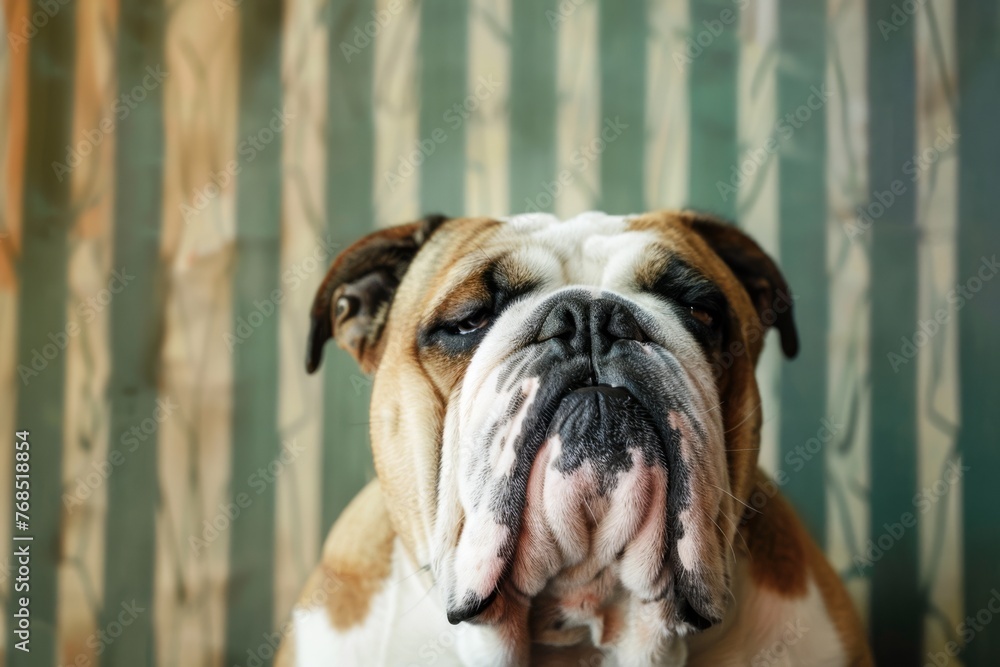 English bulldog on the background of vintage wallpaper. Bar, pub and beer hall concept.