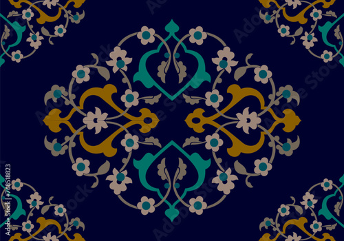 Vector illustration of traditional turkish tezhip floral ornament on dark background and beautiful tezhip. photo