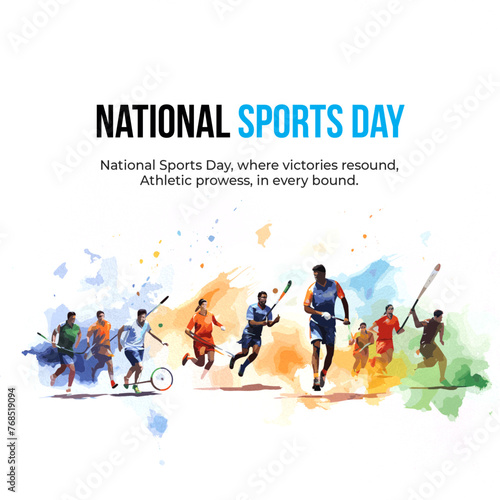 Illustration of athletes running on a white background. Text reads "National Sports Day."