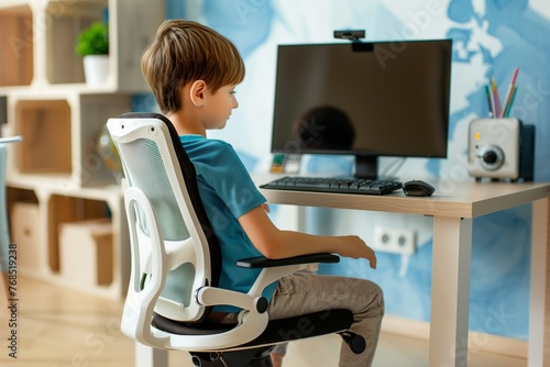 kid seated at an ergonomic chair with orthopedic back support