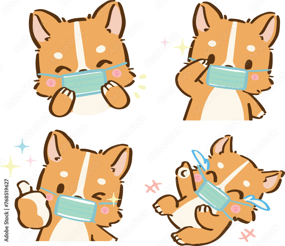Cute little Corgi, Shiba inu dogs with face mask due to Covid-19 in various poses. Hand drawn colored vector set. Cartoon icon for communicate and express your feeling 