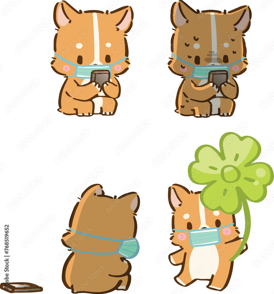 Cute little Corgi, Shiba inu dogs with face mask due to Covid-19 in various poses. Hand drawn colored vector set. Cartoon icon for communicate and express your feeling Cute little Corgi, Shiba inu dogs with face mask due to Covid-19 in various poses. Hand drawn colored vector set. Cartoon icon for communicate and express your feeling