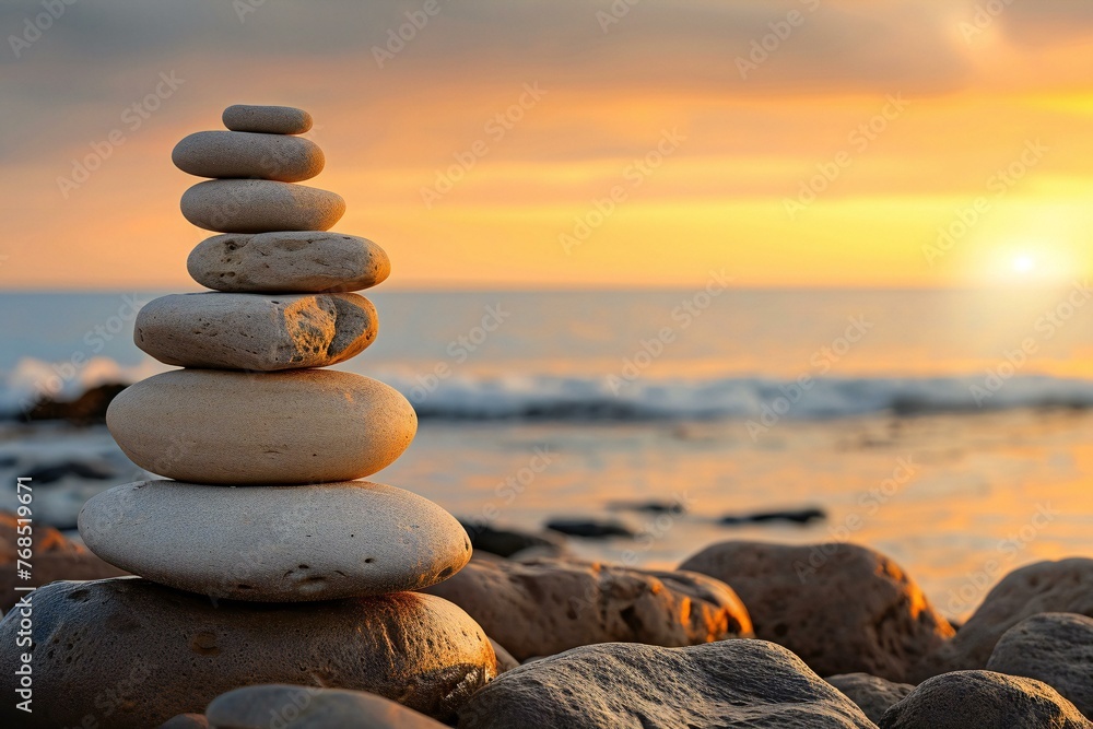 Stack of zen stones on the seashore at sunset - obrazy, fototapety, plakaty 
