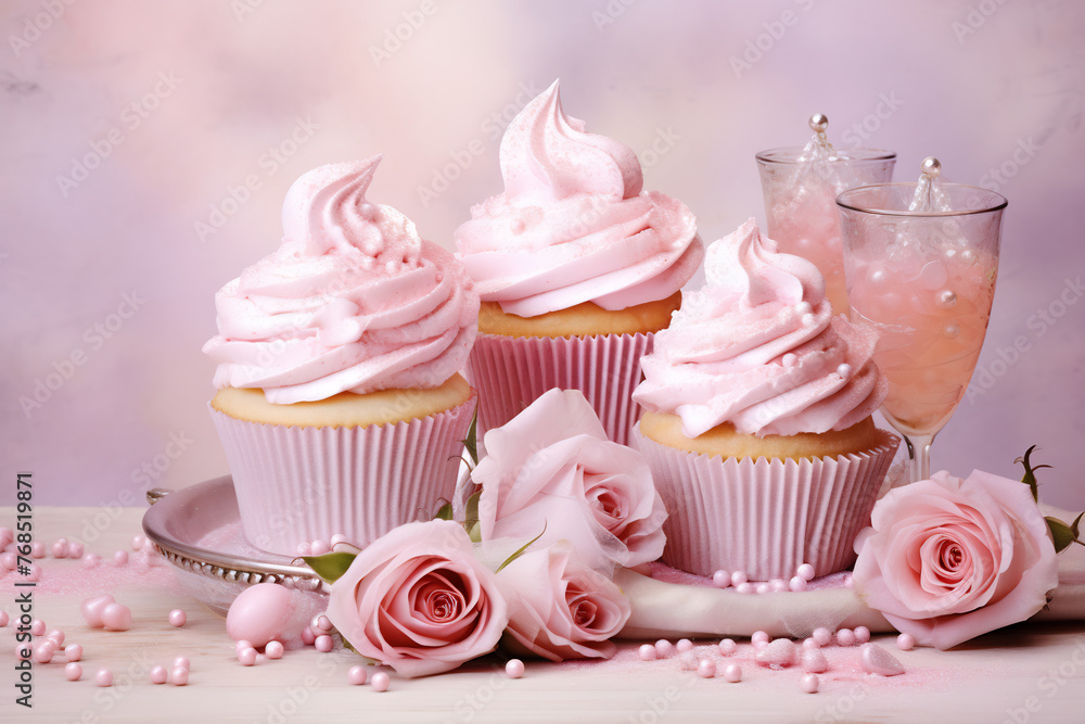Elegant Pink Cupcakes with Swirl Frosting Accompanied by Soft Pink Roses and Pearl Decorations, Romantic Dessert Concept for Weddings and Celebrations Elegant Pink Cupcakes with Swirl Frosting Accompanied by Soft Pink Roses and Pearl Decorations, Romantic Dessert Concept for Weddings and Celebrations