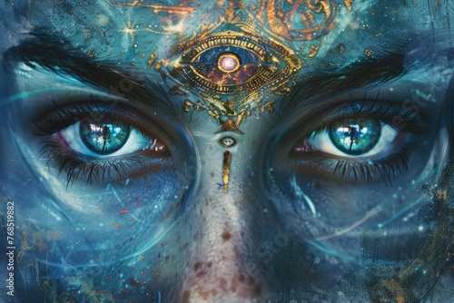Window to the Soul. Eyes reflecting a complex inner world full of mysteries and deep emotions, surrounded by symbols of individuality and uniquenes