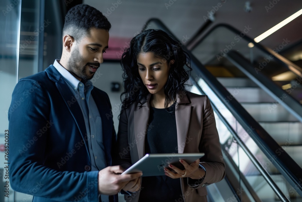 two colleagues in conversation, using tablet on landing two colleagues in conversation, using tablet on landing