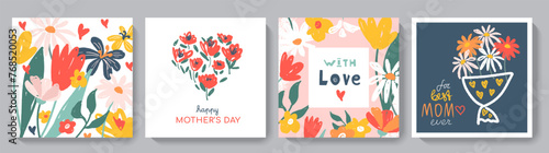 Happy Mother's Day greeting card set. Cute spring backgrounds with flowers, leaves, plants. Colorful hand drawn vector illustrations for social media post, banner design, postcards photo