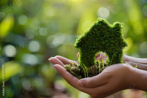 Human hands holding green house model in nature background. Ecology concept. Ai generated