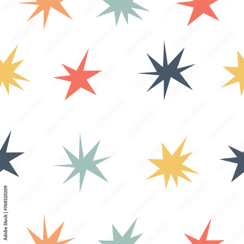 Obraz premium Star vector pattern. Hand drawn simple starry sky childish seamless background. Repeating kids print, design for fabric, textile, wallpaper