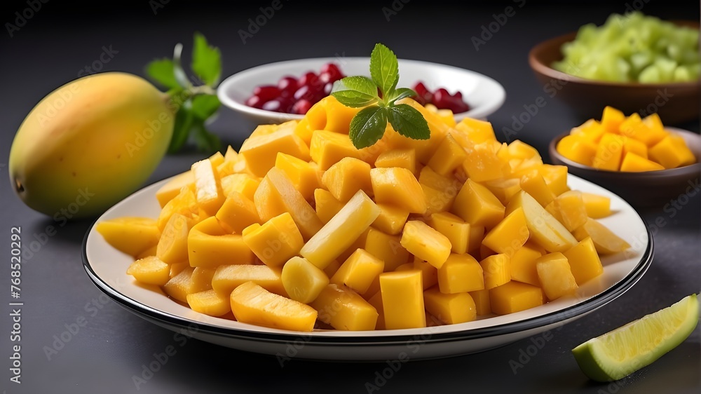 Diced Mango, French fries, meal plate, meal dish Diced Mango, French fries, meal plate, meal dish
