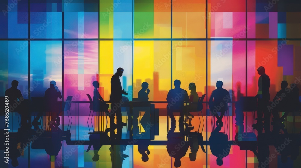silhouettes of people in a meeting room with a colorful window behind them, captures the essence of collaboration and creativity in a professional setting. The vibrant window adds a dynamic and engagi silhouettes of people in a meeting room with a colorful window behind them, captures the essence of collaboration and creativity in a professional setting. The vibrant window adds a dynamic and engagi