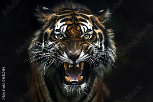 Close-up portrait of a tiger in front of a dark background photo